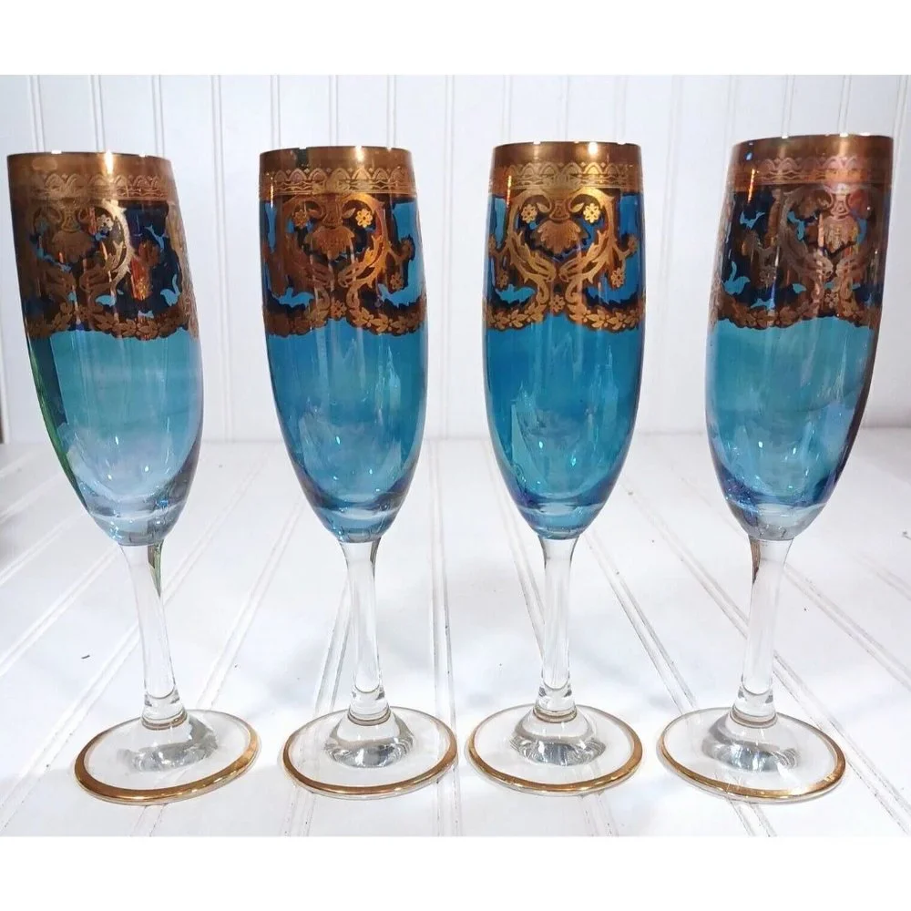 GlassOfVenice Murano Glass Champagne Flutes 24K Gold Leaf - Blue Set 4 Vintage - Picture 5 of 16